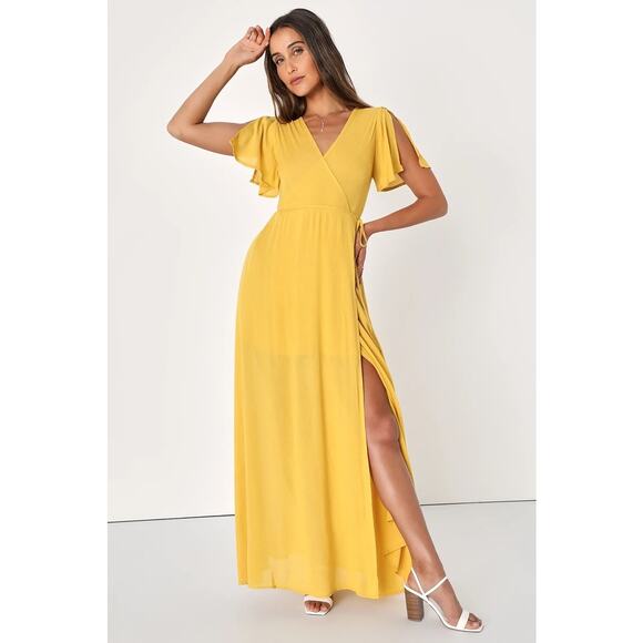Lulus Much Obliged Golden Yellow Wrap Maxi Dress - Picture 1 of 7
